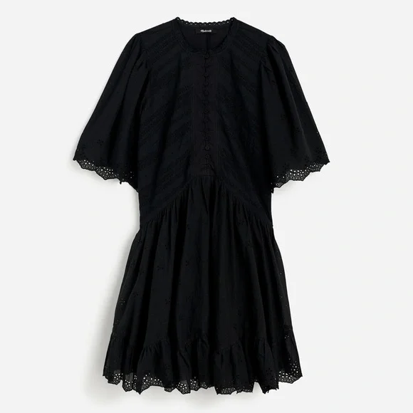 Madewell Eyelet Flutter Sleeve Mini Dress in Cotton in Jet Black Size 2 NWT